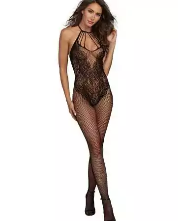 Bodystocking em rede num estilo body com um belo decote em tiras - DG0326BLK