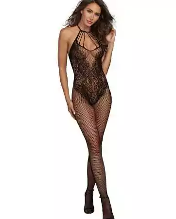 Fishnet bodystocking in a Body style with a beautiful strappy neckline - DG0326BLK