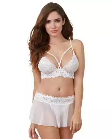 Conjunto de lingerie em renda e rede fina branca com saia - DG11560WHT