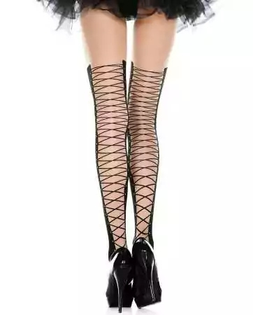 Flesh-colored fantasy tights with black lace-up thigh-high boot effect - MH7308NBK