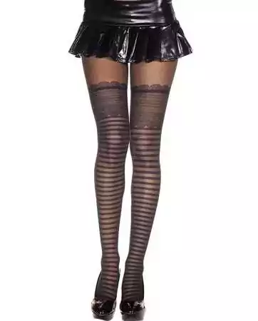 Black nylon tights with a nude suspender belt effect with heart pattern - MH7238BLK