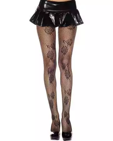 Collants pretos de rede com padrão floral - MH50009BLK