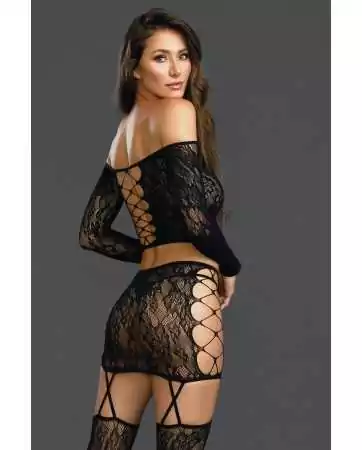 Ensemble extensible top et jupe jarretelles et bas - DG0317BLK