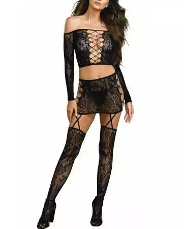 Expandable set with top and suspender skirt and stockings - DG0317BLK