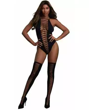 Opaque bodysuit with criss-cross details and matching stockings - DG0313BLK