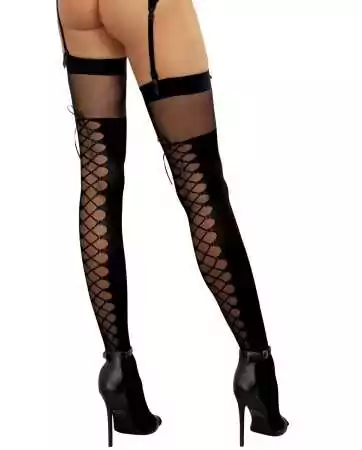 Black thigh-high stockings with lace-up garter belt effect - DG0219BLK