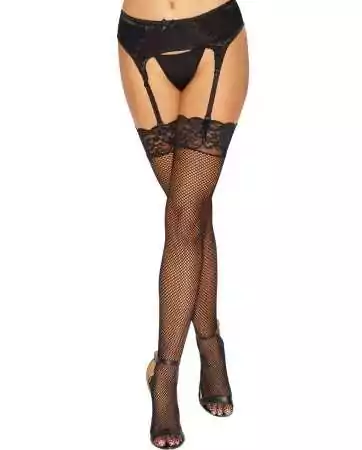 Black fishnet stockings with floral garters - DG0006BLK