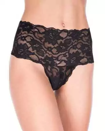 High-waisted black tanga string with wide floral lace band - ML10021BLK
