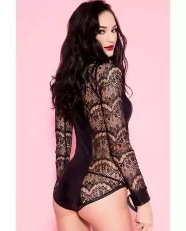 Black long-sleeved lace body with wetlook front and back panels - ML80037BLK