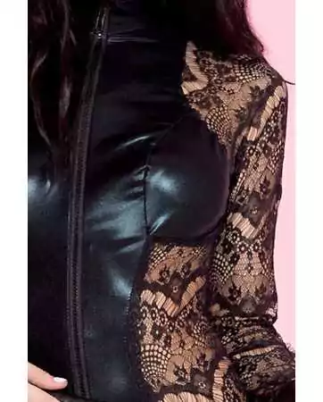 Black long-sleeved lace body with wetlook front and back panels - ML80037BLK