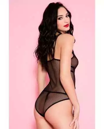 Sexy black fishnet bodysuit with floral lace trim and ornaments - ML80022BHP