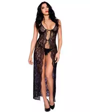 Long black open floral lace nightgown and string - ML53009BLK