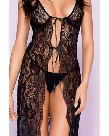 Long black open floral lace nightgown and string - ML53009BLK