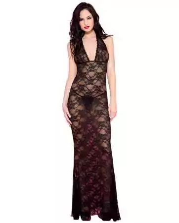 Black long nightgown with a plunging neckline and floral lace - ML53012BLK