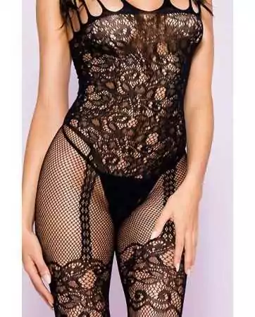 Schwarzer Bodystocking mit Body-Effekt, Strumpfgürtel und Spitzen-Netz-Detail mit mehreren Trägern - ML1783BLK