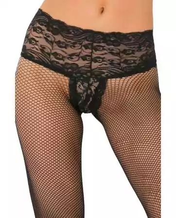 Black fishnet tights with Brazilian string effect, floral lace, and back seams - REN9028-BLK