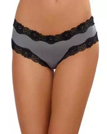 Satin grey thong with lace trim and openwork detail on the back - DG1434SLA