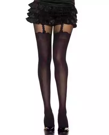 Nylon fancy opaque black tights with a garter belt style - MH7247BLK