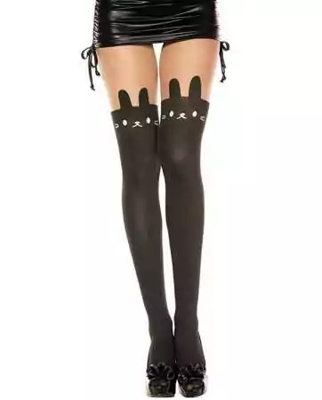 Patterned black opaque nylon tights with rabbit head - MH7166BBL