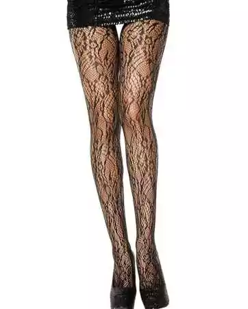 Patterned black nylon tights with floral fishnet design - MH5067BLK