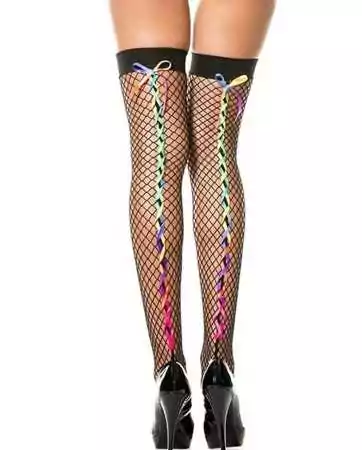 Black fishnet stockings with colorful rainbow ribbons - MH4643BRA