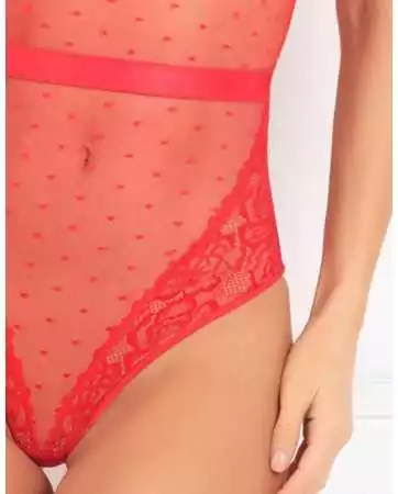 Red mesh bodysuit with polka dots, lace, and lacing on the buttocks - REN502169-RED