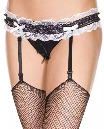 Black garter belt with white lace and built-in thong - MH7719BKW