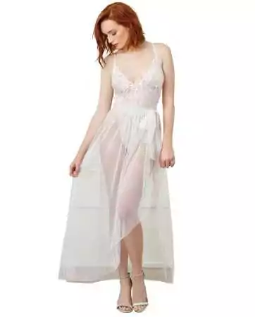 Body branco decotado com renda e saia de malha transparente removível - DG10996WHT