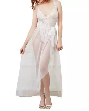 Body string blanc échancré dentelle avec jupe de maille transparente amovible - DG10996WHT