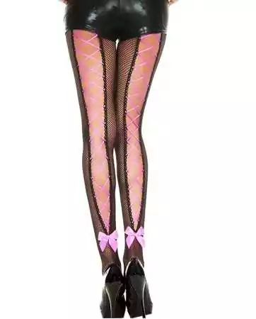Black fishnet tights with pink corset lacing and bow - MH50012BHP