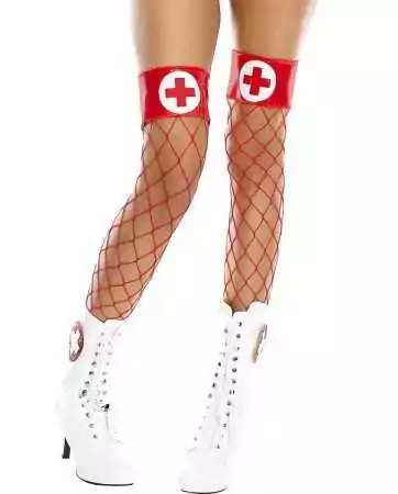 Rote Netzstrümpfe mit glänzenden Strumpfbändern und Krankenschwesterkreuz - MH4884REW
