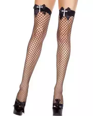 Black fishnet stockings with bows and rhinestone crosses - MH4309BLK