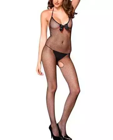 Bodystocking preto em rede com laço de cetim e aberto na entrepernas - ML1622BLK