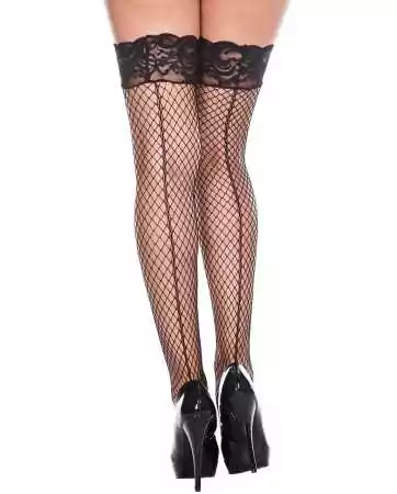 Chic black thigh-high stockings with fine fishnet and seam effect - MH49327BLK