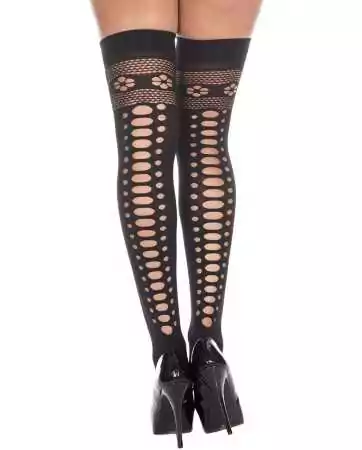 Black opaque stockings with floral patterned garters - MH4476BLK