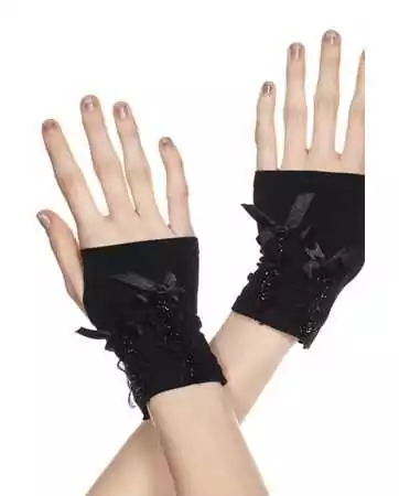 Opaque black mittens with satin bow - ML485BLK