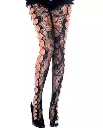 Black fantasy stockings in fishnet and floral cutout design - MH50021BLK