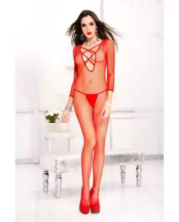 Long-sleeved bodysuit, open at the crotch, V-neck with front lace imitation - ML1209RED