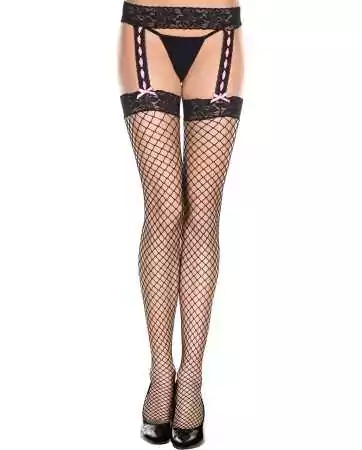 Black fishnet tights with suspender belt effect and pink ribbon - MH7912BKP