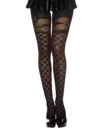 Semi-opaque black tights with crisscross and floral pattern - MH7236BLK