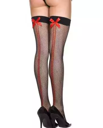 Black fishnet stockings with red seams and bows - MH4843BKR