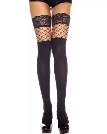 Opaque black stockings with high fishnet and lace garters - MH4790BLK