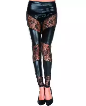Black wetlook leggings with floral lace bands - MH35134BLK