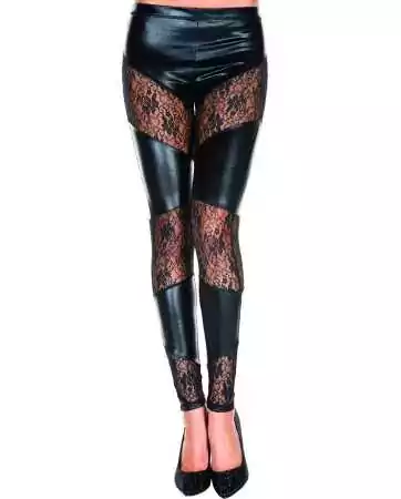 Legging preto molhado com faixas de renda floral - MH35134BLK