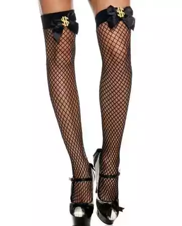 Black fishnet stockings with bow and dollar emblem - MH4999BLK