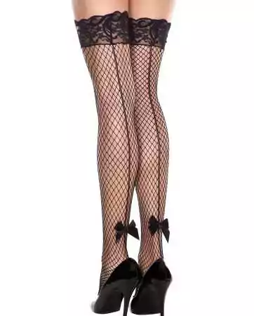 Black fishnet thigh-high stockings with self-supporting effect, seams and satin bows - MH4882BLK
