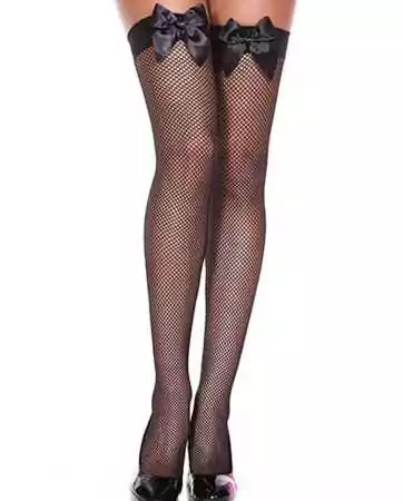 Black fine mesh stockings with black satin bows - MH4912BLK