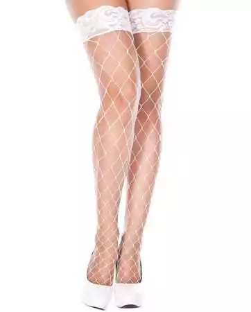 White self-supporting thigh-high stockings with lace garters - MH4925WHT