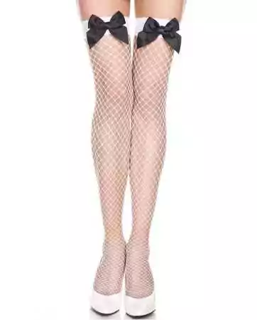 White fishnet thigh highs with black satin bows - MH4830WHB