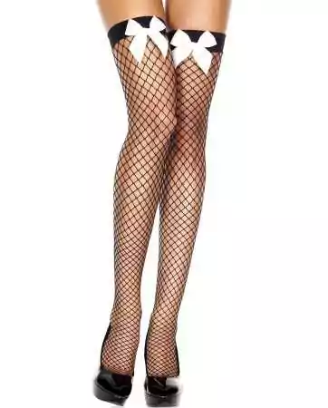 Black fishnet thigh-high stockings with white satin bows - MH4830BKW